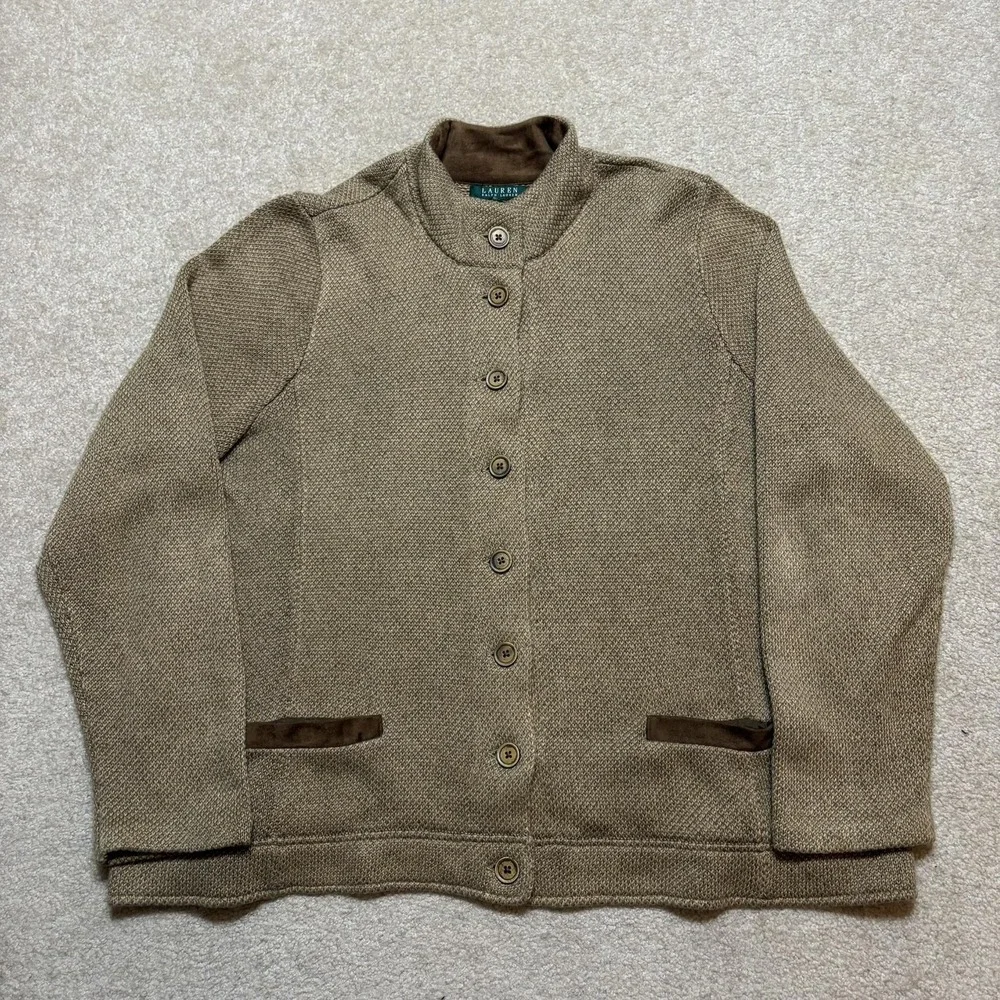 Lauren Ralph Lauren Cardigan Sweater‎ Womens 2X Brown Mock Neck Button Pockets